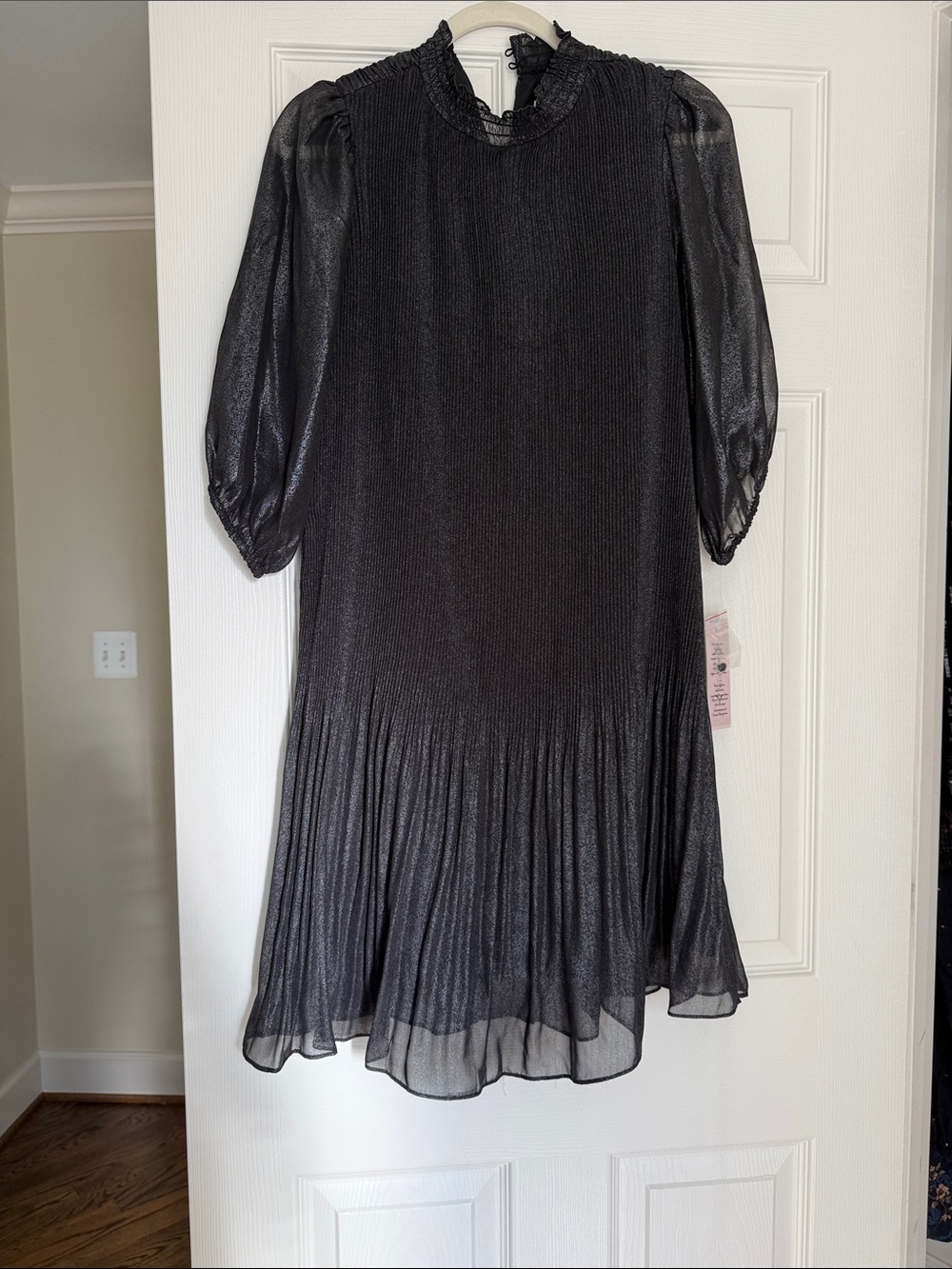 Nannette Black Shimmer Pleated Midi Dress with Sheer Puff Sleeves